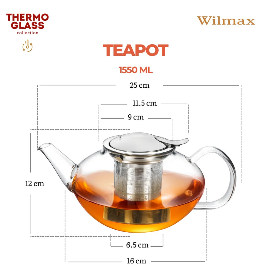 Wilmax Teekanne 1550 ml mit Edelstahlfilter Transparent Thermoglas – Anwendungs- oder Detailansicht; Lieferumfang: 1 Stück