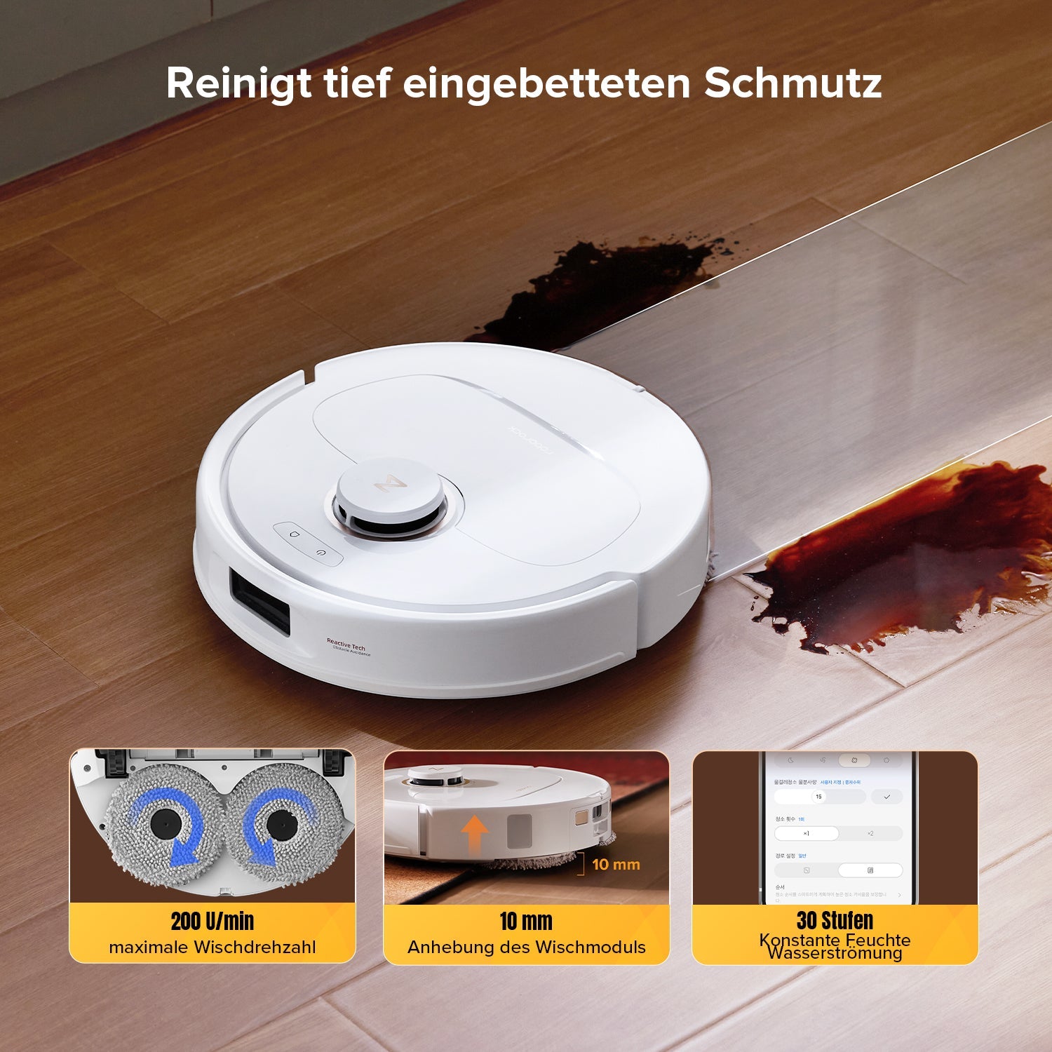Weisser Qrevo S5V wischt verschütteten Schmutz mit zwei rotierenden Mopps vom Boden