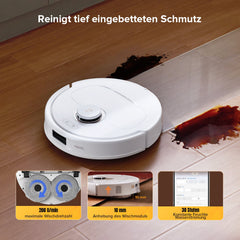 Weisser Qrevo S5V wischt verschütteten Schmutz mit zwei rotierenden Mopps vom Boden