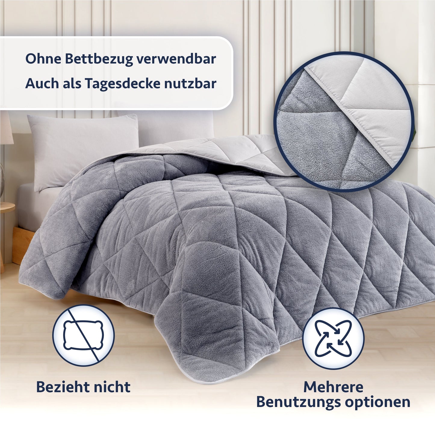 Doppelseitige Steppdecke Grau mit warmer Wellsoft Seite