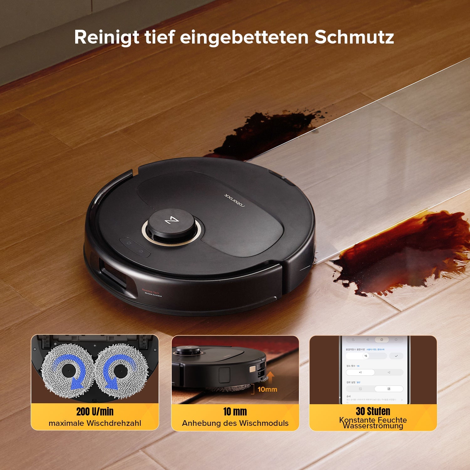 Schwarzer Qrevo S5V wischt verschütteten Schmutz mit zwei rotierenden Mopps vom Boden