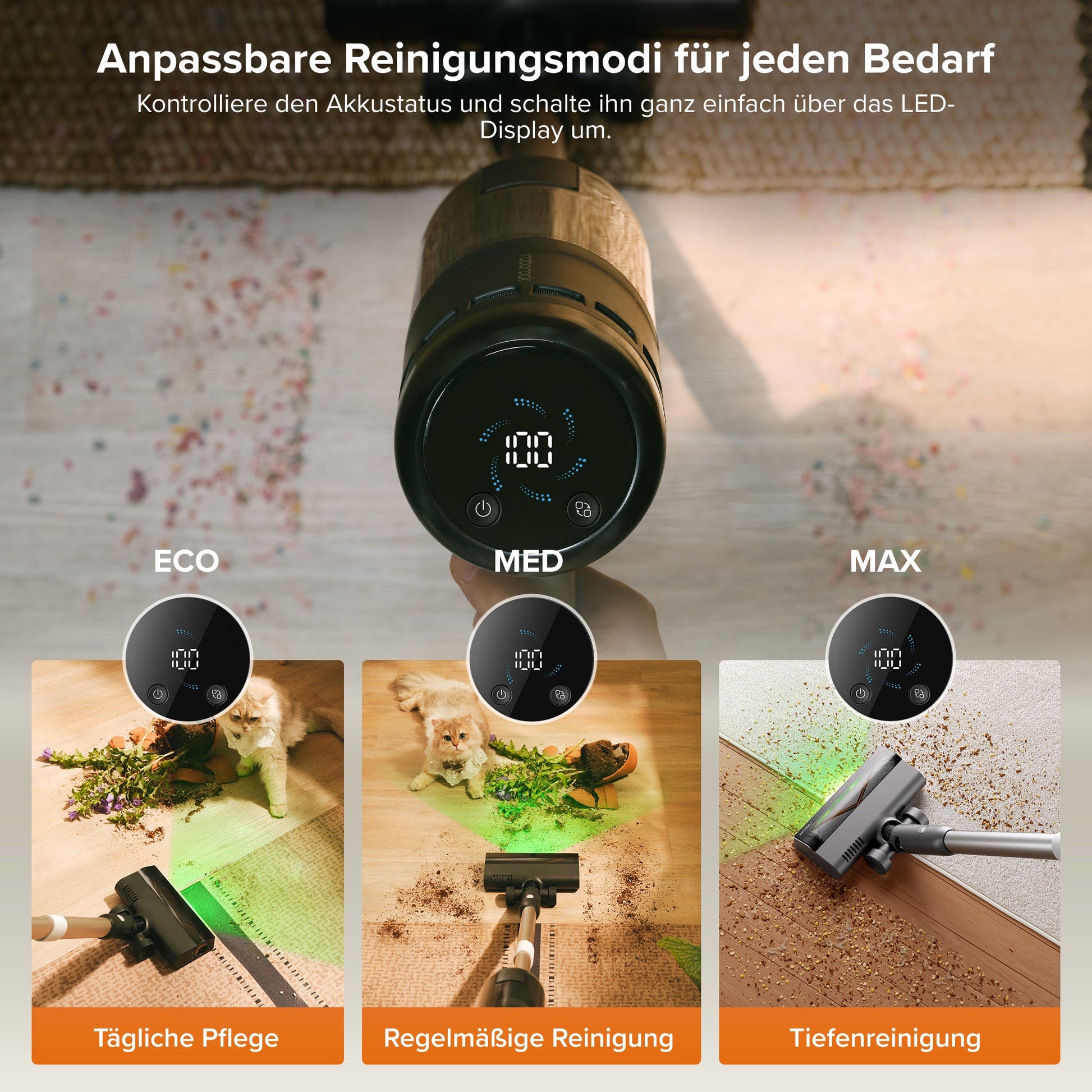 H60 Hub Pro Display Restlaufzeit Saugmodus auf schwarzem Gerät