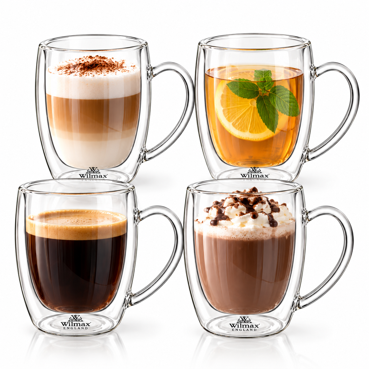Wilmax Doppelwandiger Thermobecher 500 ml 4er-Set Transparent – Produktansicht; Lieferumfang: 4 Stück