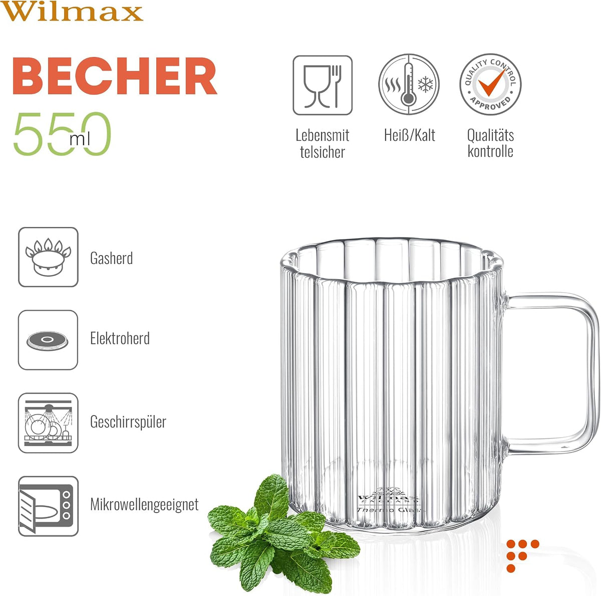 Wilmax Glasbecher mit Henkel 550 ml 6er-Set Glas – Anwendungs- oder Detailansicht; Lieferumfang: 6 Stück