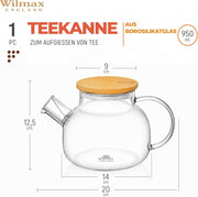 Wilmax Teekanne 950 ml mit Federfilter und Bambusdeckel Transparent Thermoglas – Anwendungs- oder Detailansicht; Lieferumfang: 1 Stück