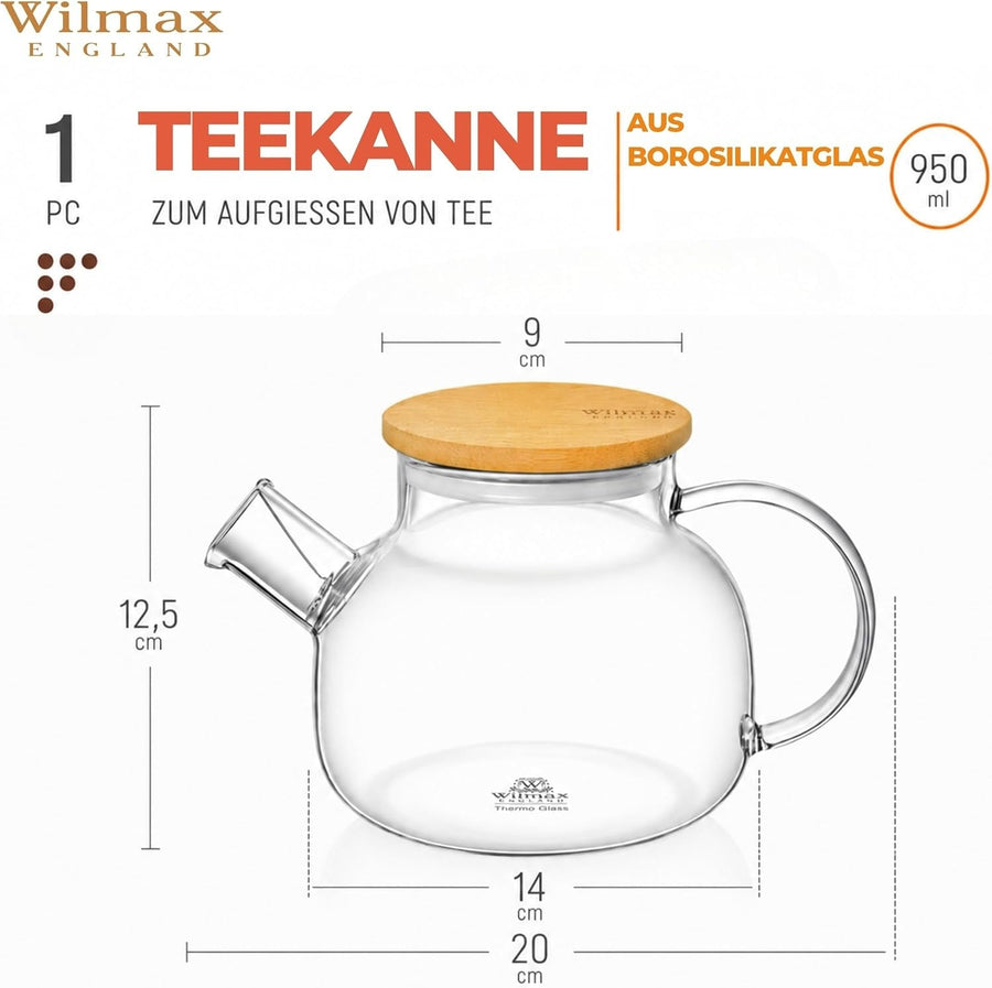 Wilmax Teekanne 950 ml mit Federfilter und Bambusdeckel Transparent Thermoglas – Anwendungs- oder Detailansicht; Lieferumfang: 1 Stück