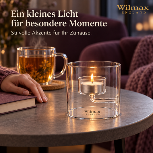 Wilmax Teelichthalter für 1 Teelicht 9 cm Transparent Glas – Anwendungs- oder Detailansicht; Lieferumfang: 1 Stück