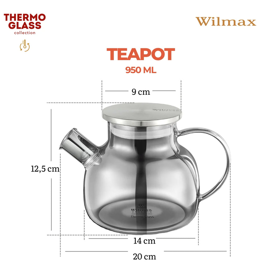 Wilmax Teekanne 950 ml mit Federfilter und mit Edelstahldeckel Grau Thermoglas – Anwendungs- oder Detailansicht; Lieferumfang: 1 Stück