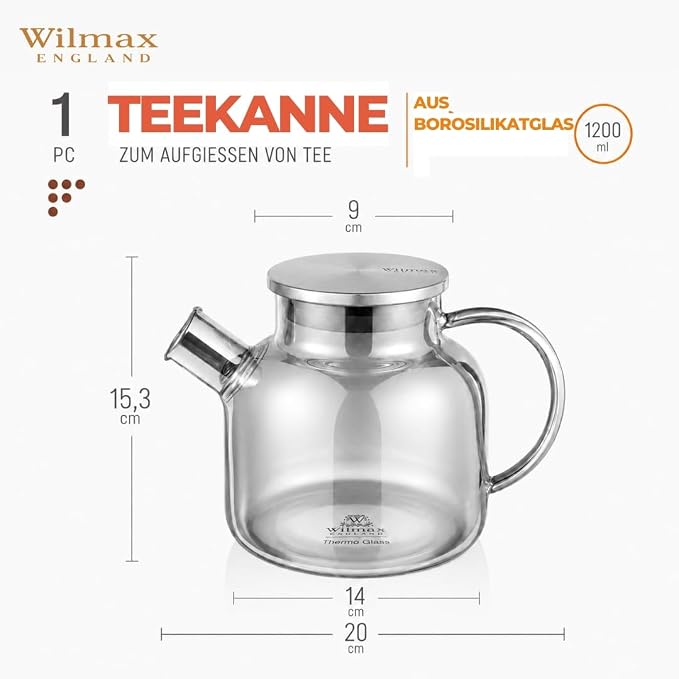 Wilmax Teekanne 1200 ml mit Federfilter und mit Edelstahldeckel Grau Thermoglas – Anwendungs- oder Detailansicht; Lieferumfang: 1 Stück