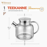 Wilmax Teekanne 1200 ml mit Federfilter und mit Edelstahldeckel Grau Thermoglas – Anwendungs- oder Detailansicht; Lieferumfang: 1 Stück