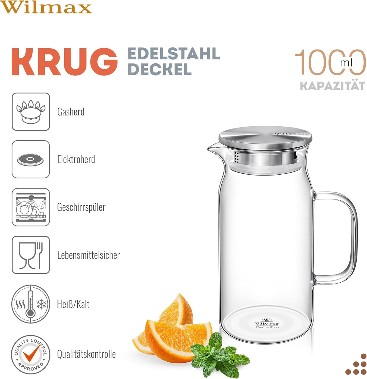 Wilmax Krug 1000 ml mit Edelstahldeckel Transparent Thermoglas – Anwendungs- oder Detailansicht; Lieferumfang: 1 Stück