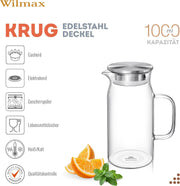 Wilmax Krug 1000 ml mit Edelstahldeckel Transparent Thermoglas – Anwendungs- oder Detailansicht; Lieferumfang: 1 Stück