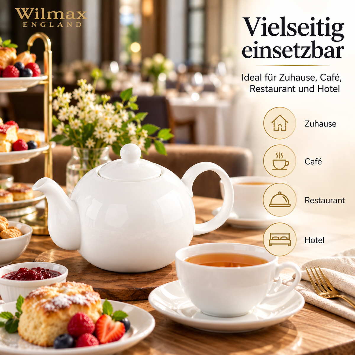 Wilmax Kaffee- und Teekanne mit Ausgusssieb 500 ml Weiß Porzellan – Anwendungs- oder Detailansicht; Lieferumfang: 1 Stück