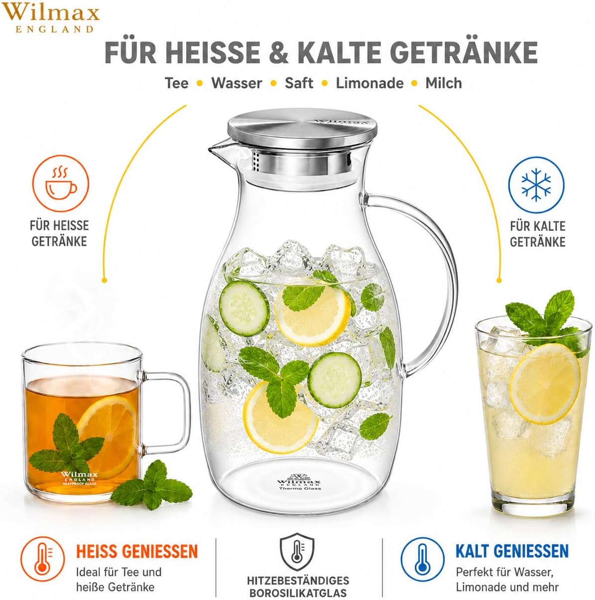 Wilmax Krug 2500 ml mit Edelstahldeckel und Filter Transparent Thermoglas – Anwendungs- oder Detailansicht; Lieferumfang: 1 Stück
