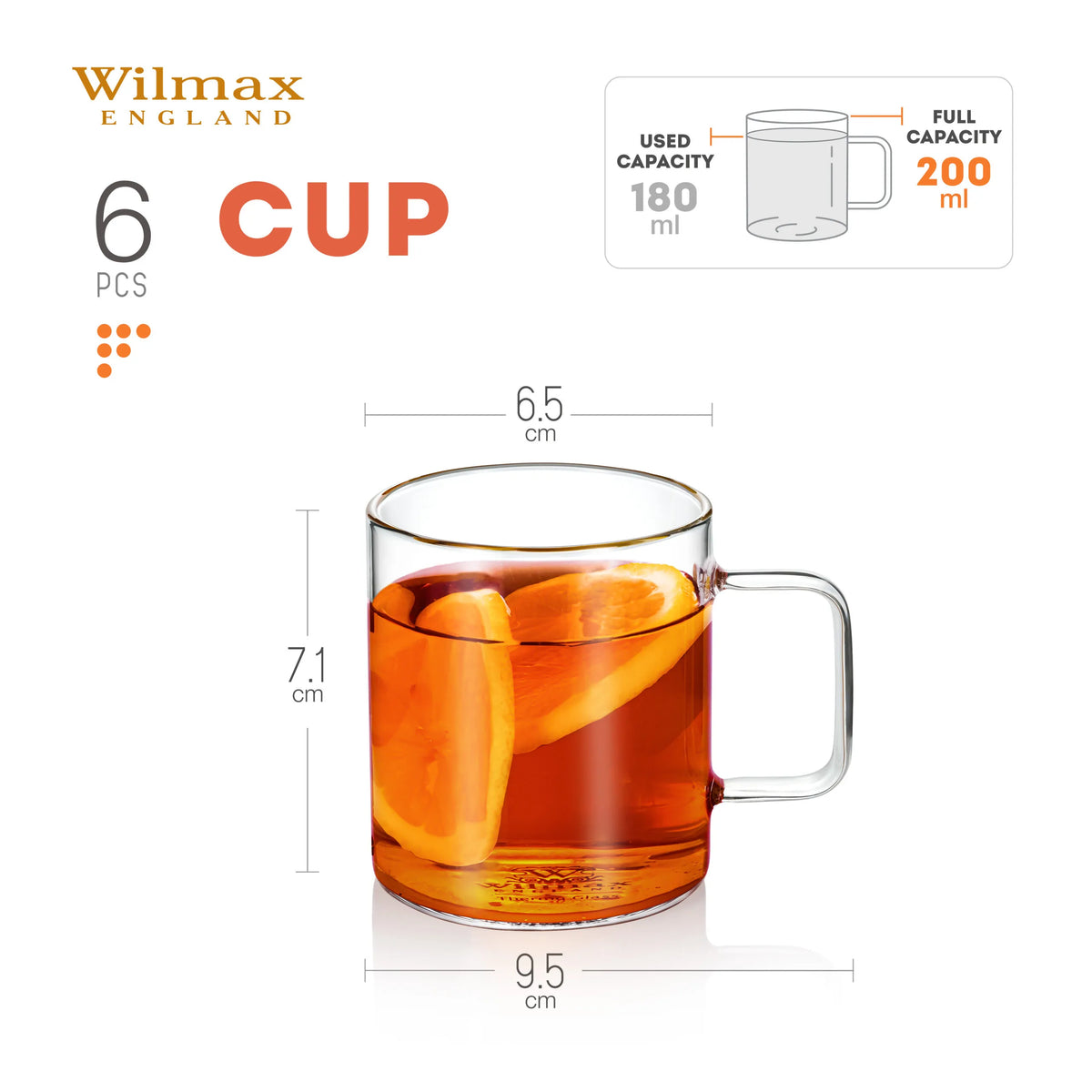 Wilmax Glastasse 200 ml 6er-Set Transparent Borosilikatglas – Anwendungs- oder Detailansicht; Lieferumfang: 6 Stück