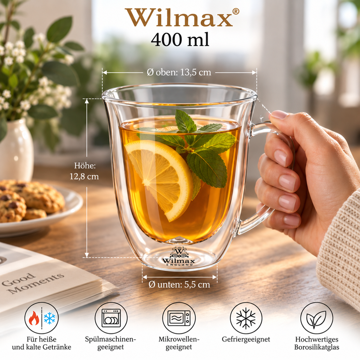 Wilmax Doppelwandiger Becher 400 ml 2er-Set Transparent – Anwendungs- oder Detailansicht; Lieferumfang: 2 Stück