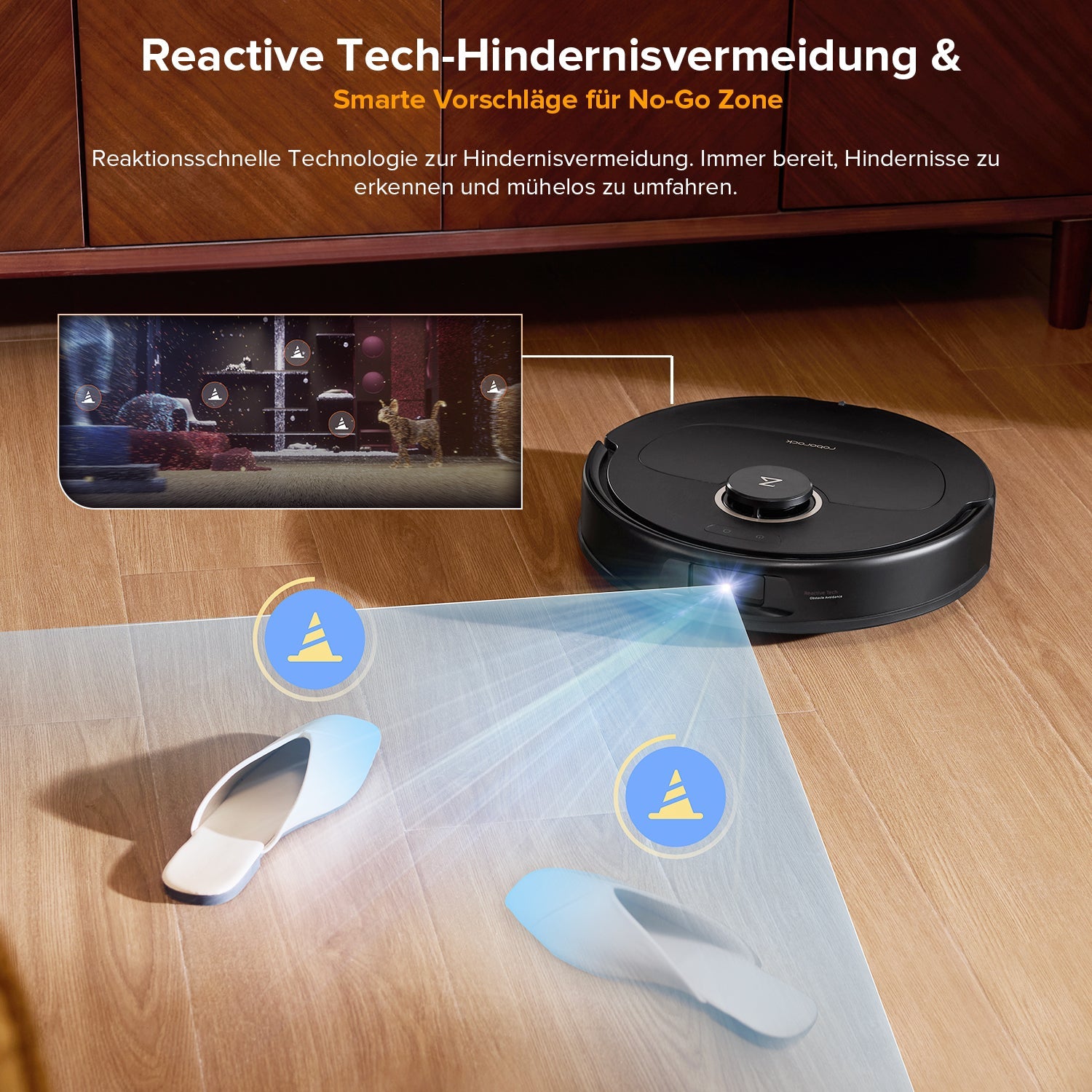 Roborock Qrevo S5V in Schwarz umfährt Hausschuhe dank Reactive-Tech-Hindernisvermeidung