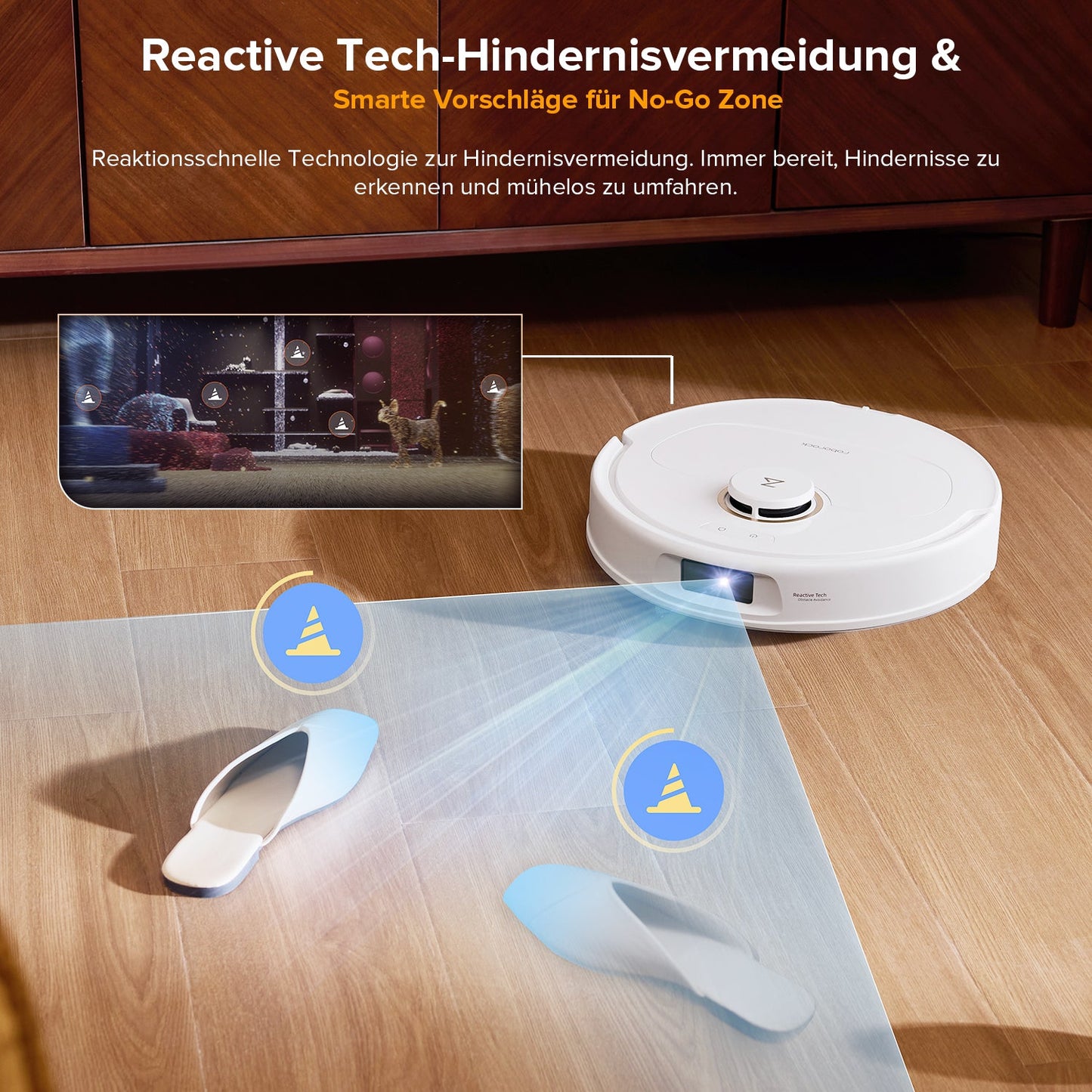 Roborock Qrevo S5V in Weiß umfährt Hausschuhe dank Reactive-Tech-Hindernisvermeidung