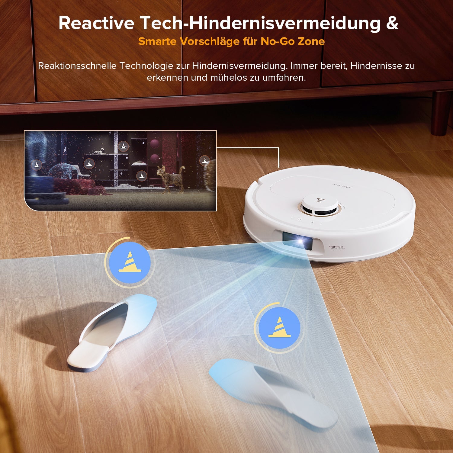 Roborock Qrevo S5V in Weiß umfährt Hausschuhe dank Reactive-Tech-Hindernisvermeidung