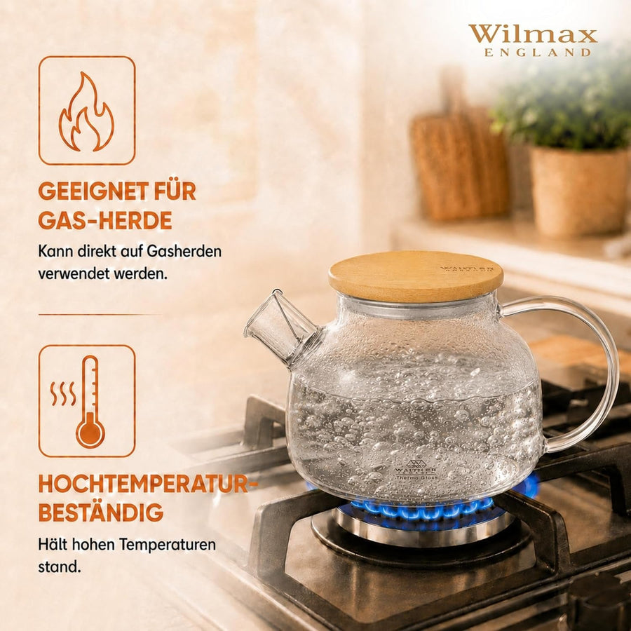 Wilmax Teekanne 950 ml mit Federfilter und Bambusdeckel Transparent Thermoglas – Anwendungs- oder Detailansicht; Lieferumfang: 1 Stück