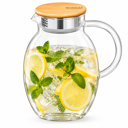 Wilmax Krug 2400 ml mit Bambusdeckel und Filter Transparent Thermoglas – Produktansicht; Lieferumfang: 1 Stück