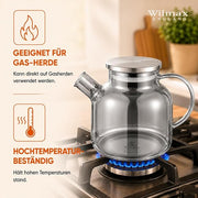 Wilmax Teekanne 1200 ml mit Federfilter und mit Edelstahldeckel Grau Thermoglas – Anwendungs- oder Detailansicht; Lieferumfang: 1 Stück
