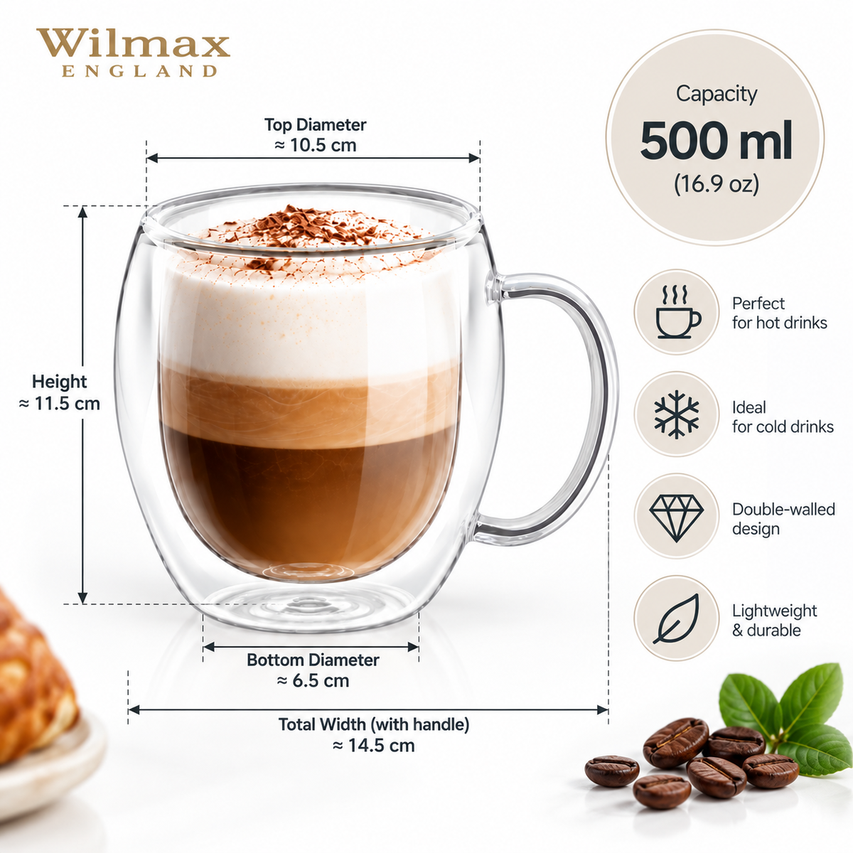 Wilmax Doppelwandige Tasse 500 ml 4er-Set Transparent – Anwendungs- oder Detailansicht; Lieferumfang: 4 Stück