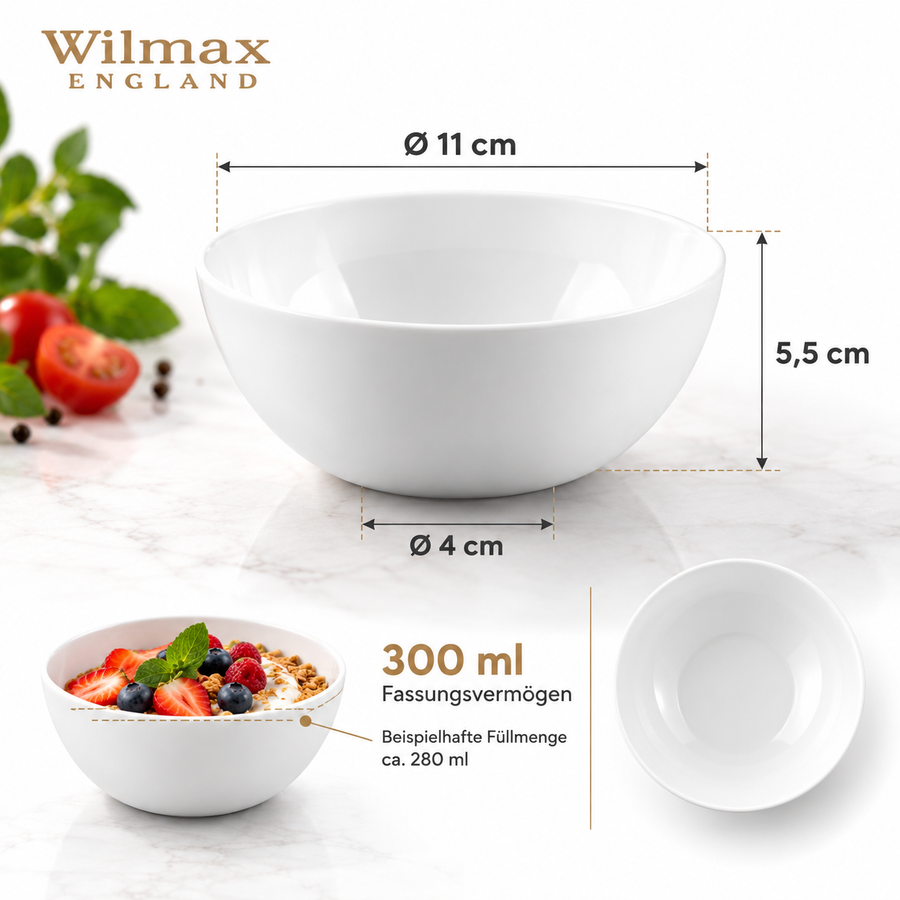 Wilmax Schale 11 cm 300 ml 2er-Set Weiß Porzellan – Anwendungs- oder Detailansicht; Lieferumfang: 2 Stück