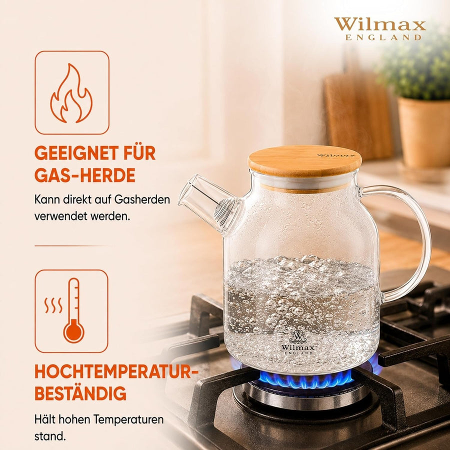 Wilmax Teekanne 1600 ml mit Federfilter und Bambusdeckel Transparent Thermoglas – Anwendungs- oder Detailansicht; Lieferumfang: 1 Stück