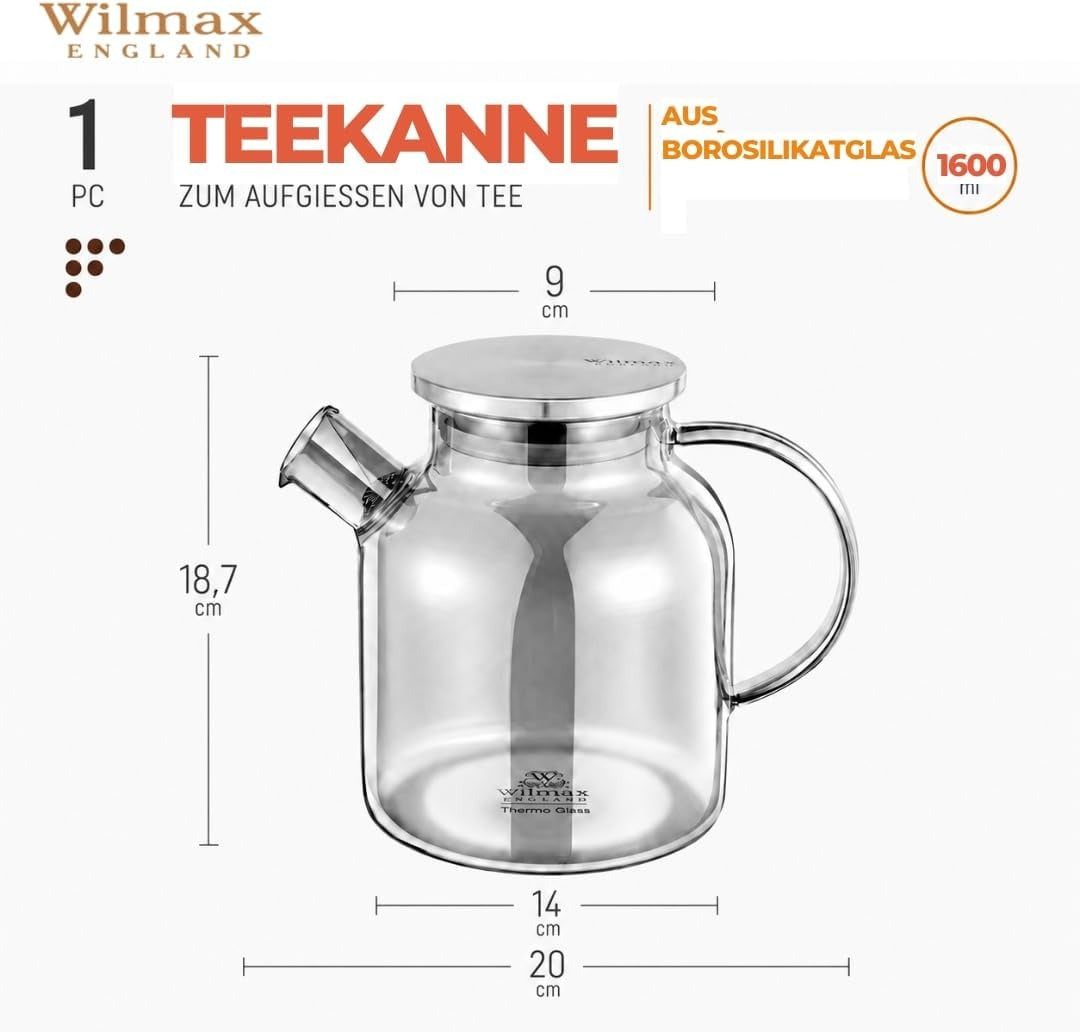 Wilmax Teekanne 1600 ml mit Federfilter und mit Edelstahldeckel Rauchgrau Thermoglas – Anwendungs- oder Detailansicht; Lieferumfang: 1 Stück