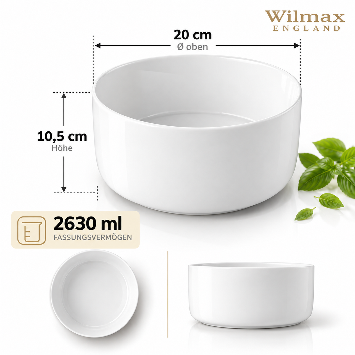 Wilmax Schale 20 cm 2630 ml Weiß Porzellan – Anwendungs- oder Detailansicht; Lieferumfang: 1 Stück