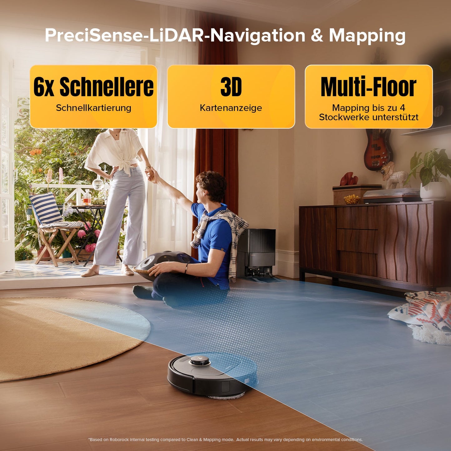 Schwarzer Qrevo S5V mit PreciSense-LiDAR-Navigation und Mehretagen-Kartierung im Wohnraum