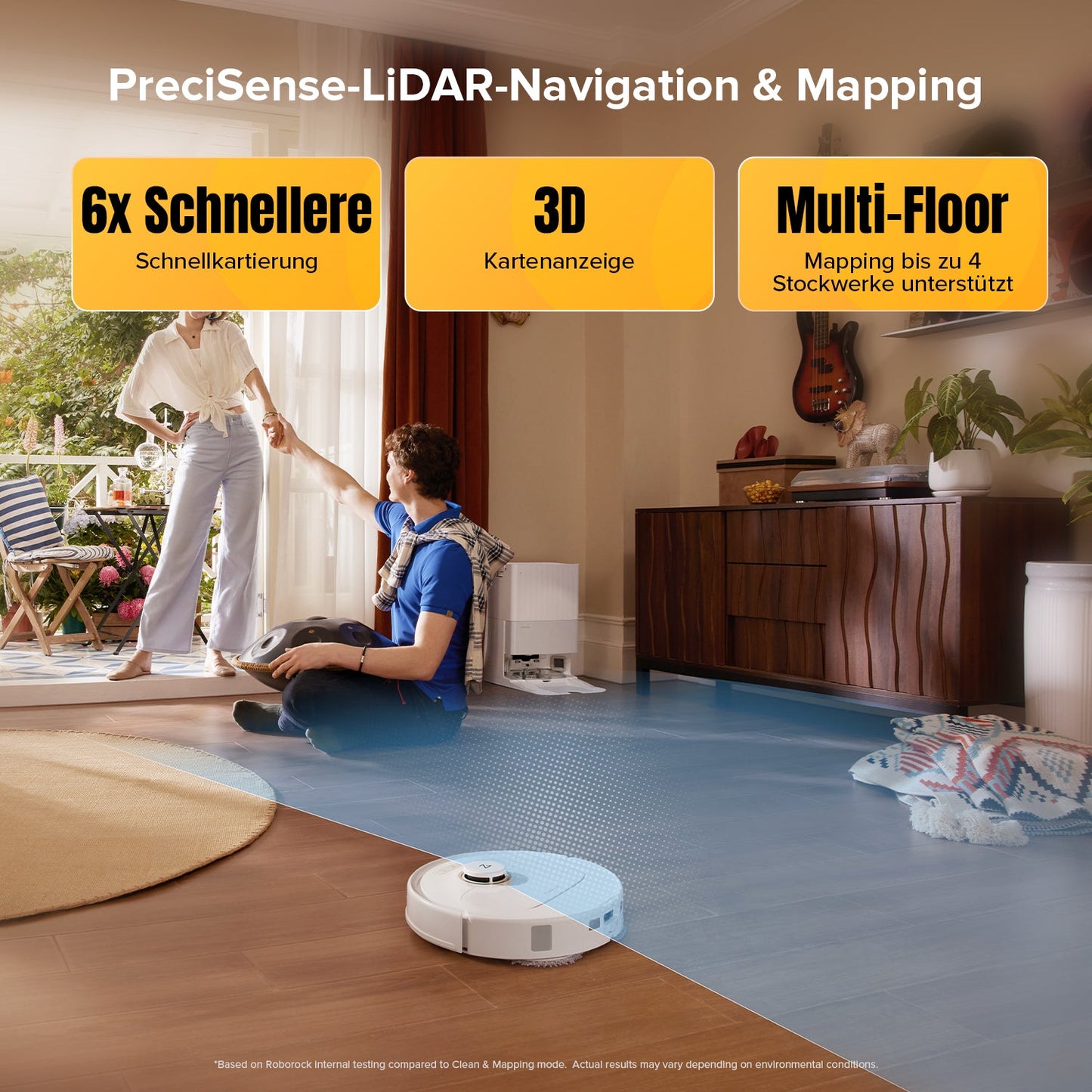 Weisser Qrevo S5V mit PreciSense-LiDAR-Navigation und Mehretagen-Kartierung im Wohnraum