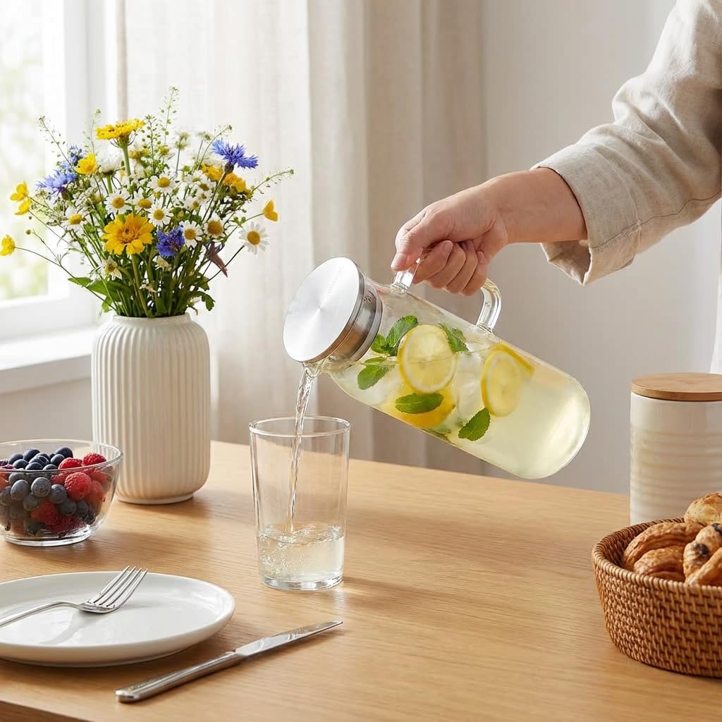 Wilmax Krug 1500 ml mit Edelstahldeckel und Filter Transparent Thermoglas – Anwendungs- oder Detailansicht; Lieferumfang: 1 Stück