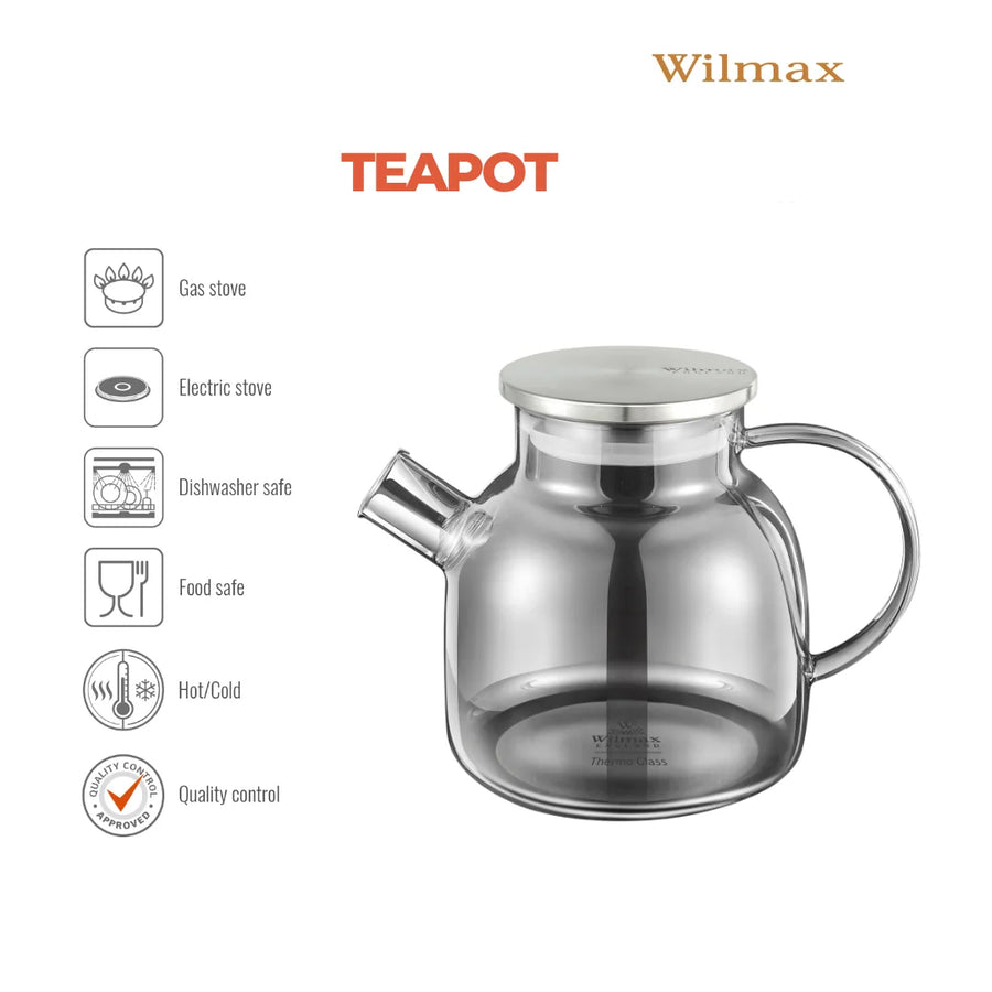 Wilmax Teekanne 1200 ml mit Federfilter und mit Edelstahldeckel Grau Thermoglas – Anwendungs- oder Detailansicht; Lieferumfang: 1 Stück