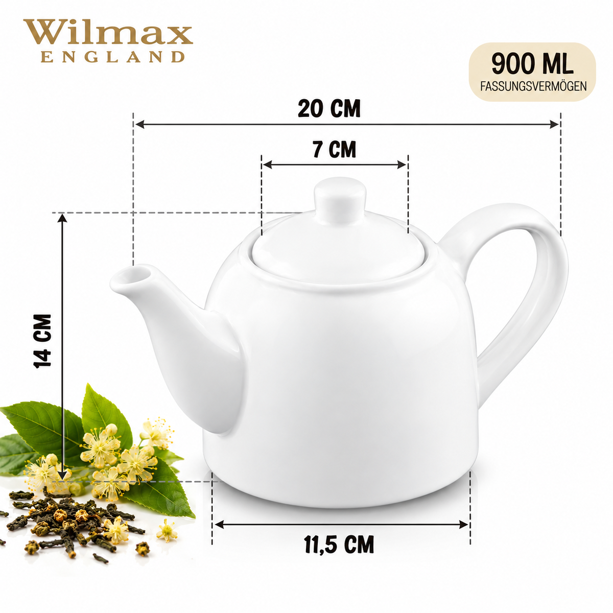 Wilmax Kaffee- und Teekanne mit Ausgusssieb 900 ml Weiß Porzellan – Anwendungs- oder Detailansicht; Lieferumfang: 1 Stück