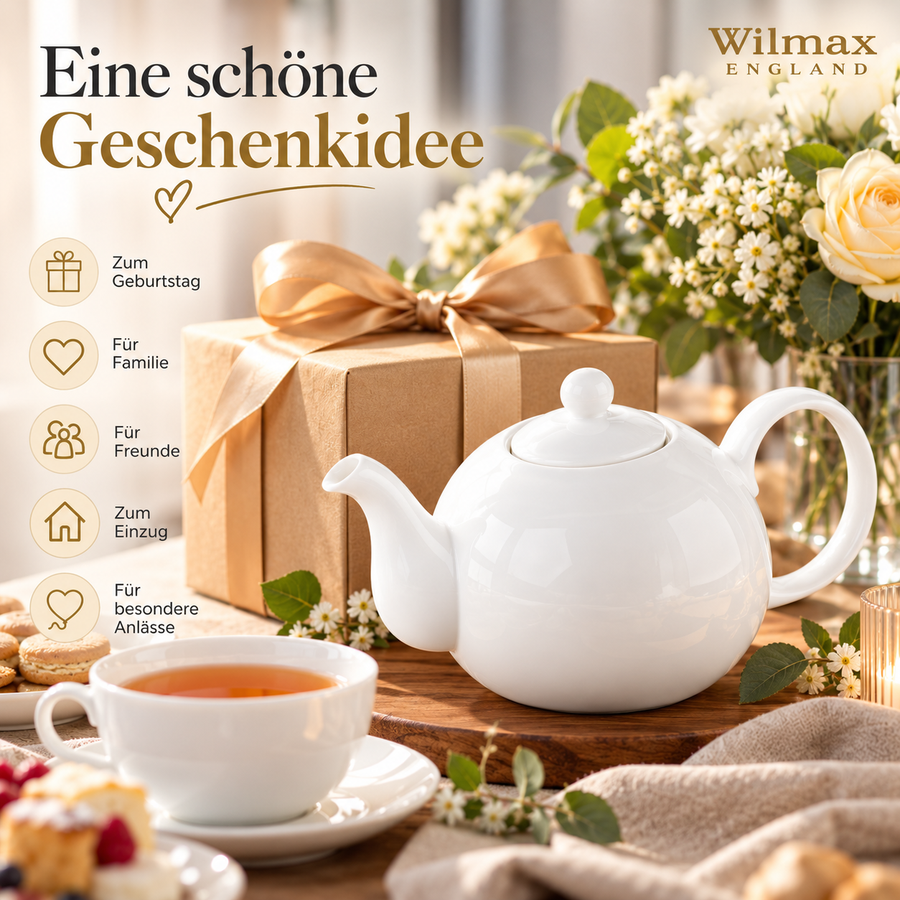 Wilmax Kaffee- und Teekanne mit Ausgusssieb 500 ml Weiß Porzellan – Anwendungs- oder Detailansicht; Lieferumfang: 1 Stück
