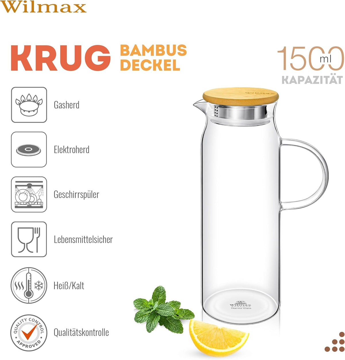 Wilmax Krug 1500 ml mit Bambusdeckel Transparent Thermoglas – Anwendungs- oder Detailansicht; Lieferumfang: 1 Stück