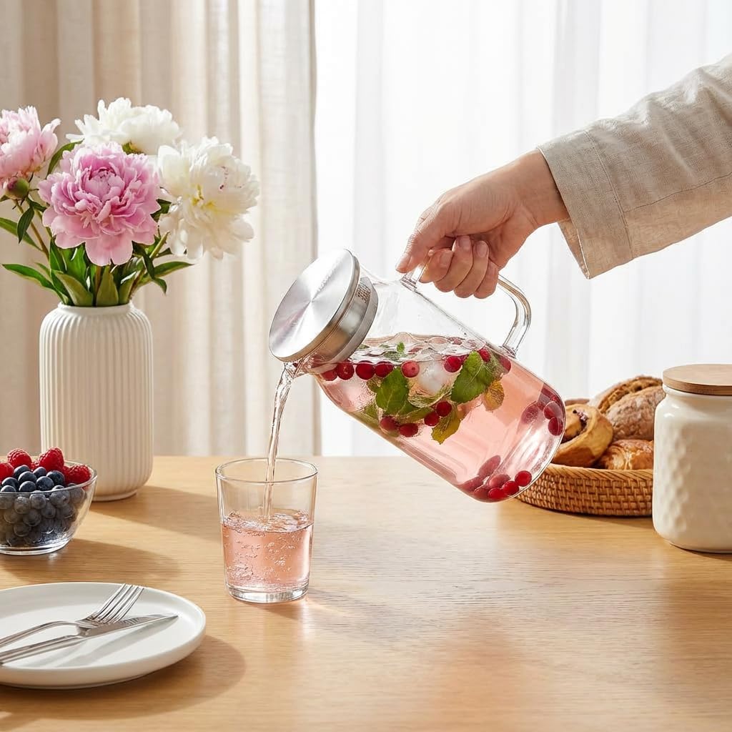 Wilmax Krug 1000 ml mit Edelstahldeckel Transparent Thermoglas – Anwendungs- oder Detailansicht; Lieferumfang: 1 Stück