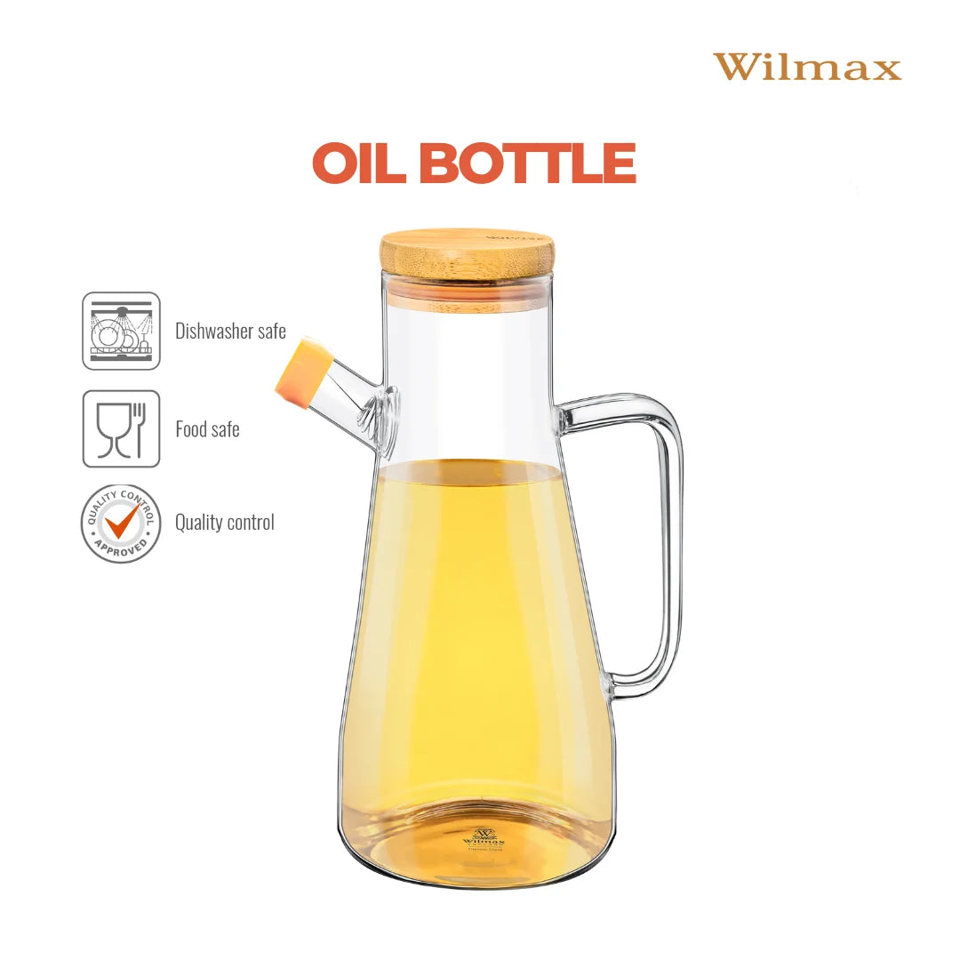 Wilmax Ölflasche 900 ml mit Ausgießer und Filter Transparent Glas – Anwendungs- oder Detailansicht; Lieferumfang: 1 Stück