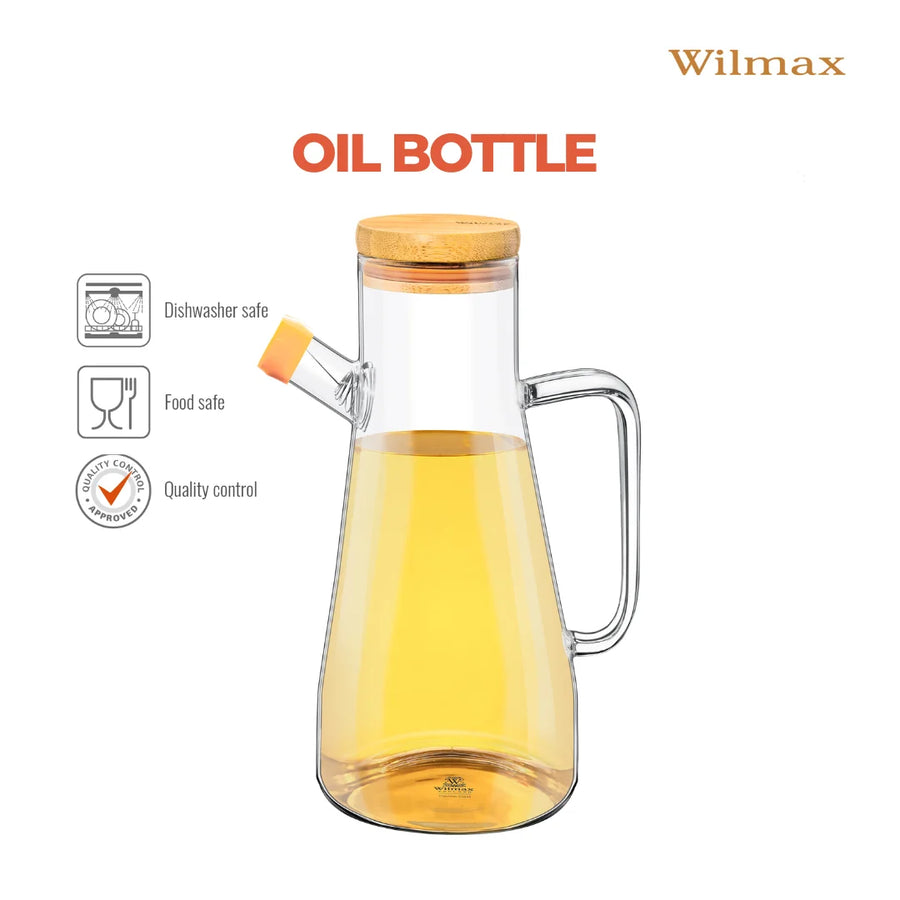 Wilmax Ölflasche 900 ml mit Ausgießer und Filter Transparent Glas – Anwendungs- oder Detailansicht; Lieferumfang: 1 Stück