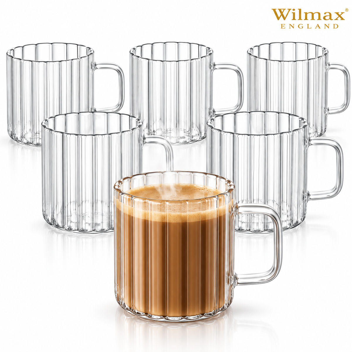 Wilmax Glasbecher mit Henkel 300 ml 6er-Set Glas – Produktansicht; Lieferumfang: 6 Stück