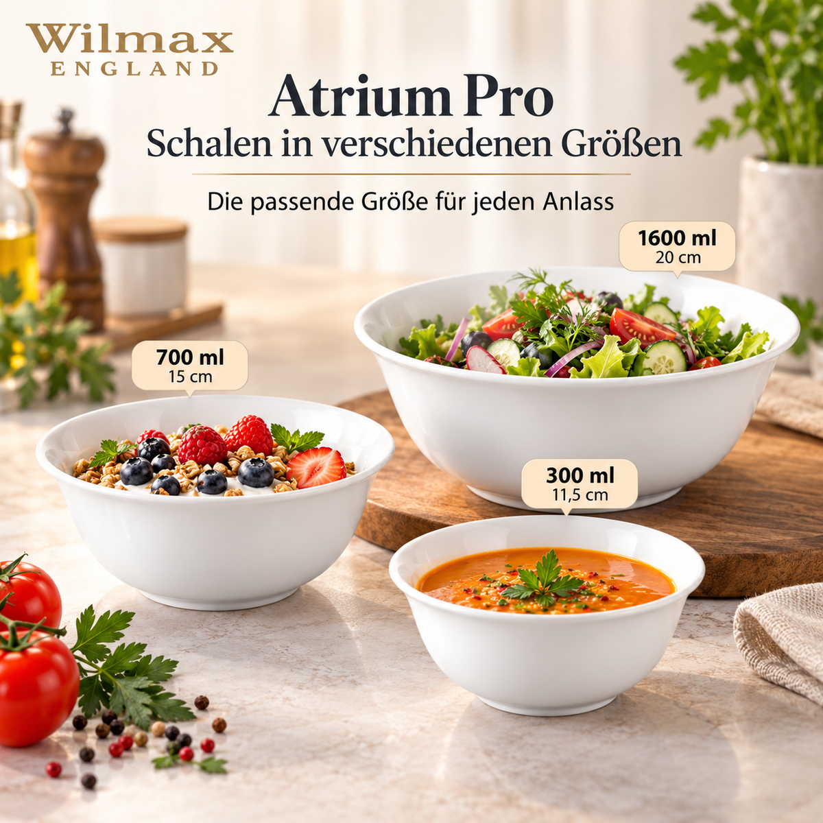 Wilmax Schale 700 ml 15 cm 4er-Set Weiß Porzellan – Anwendungs- oder Detailansicht; Lieferumfang: 4 Stück