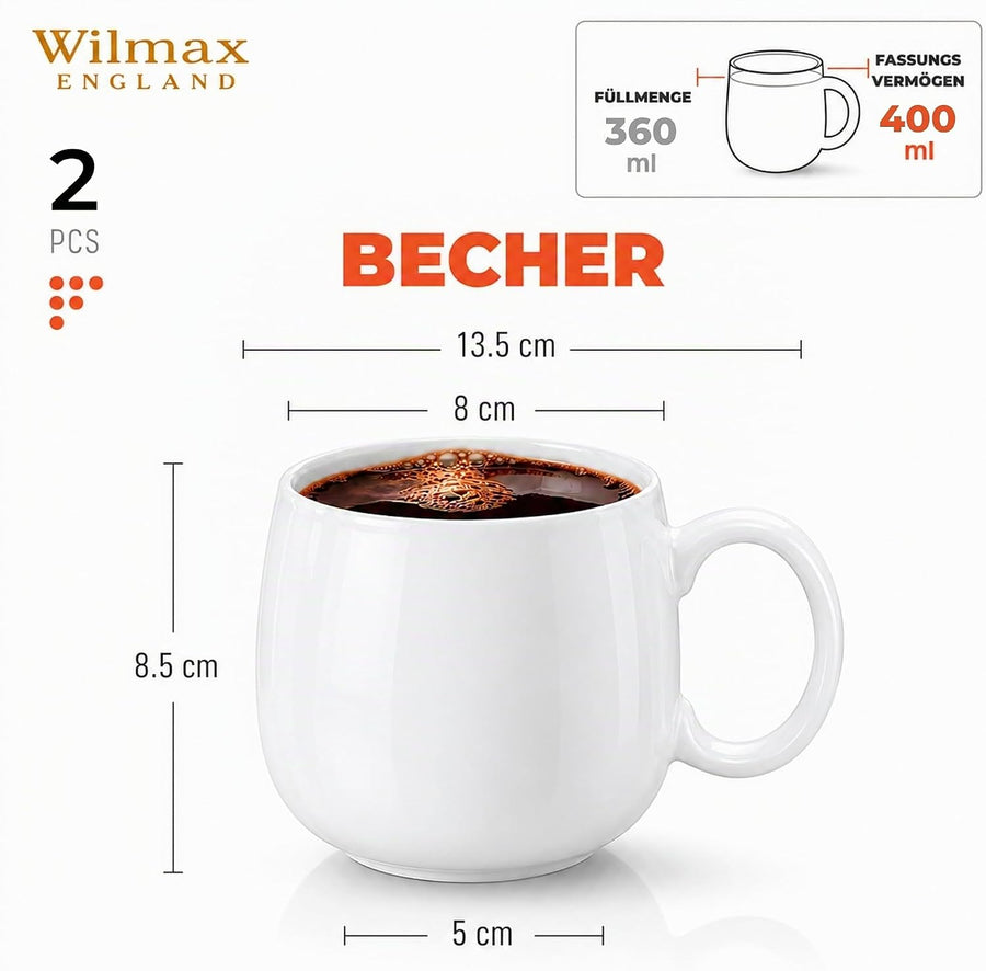 Wilmax Tasse 400 ml 2er-Set Weiß Porzellan – Anwendungs- oder Detailansicht; Lieferumfang: 2 Stück