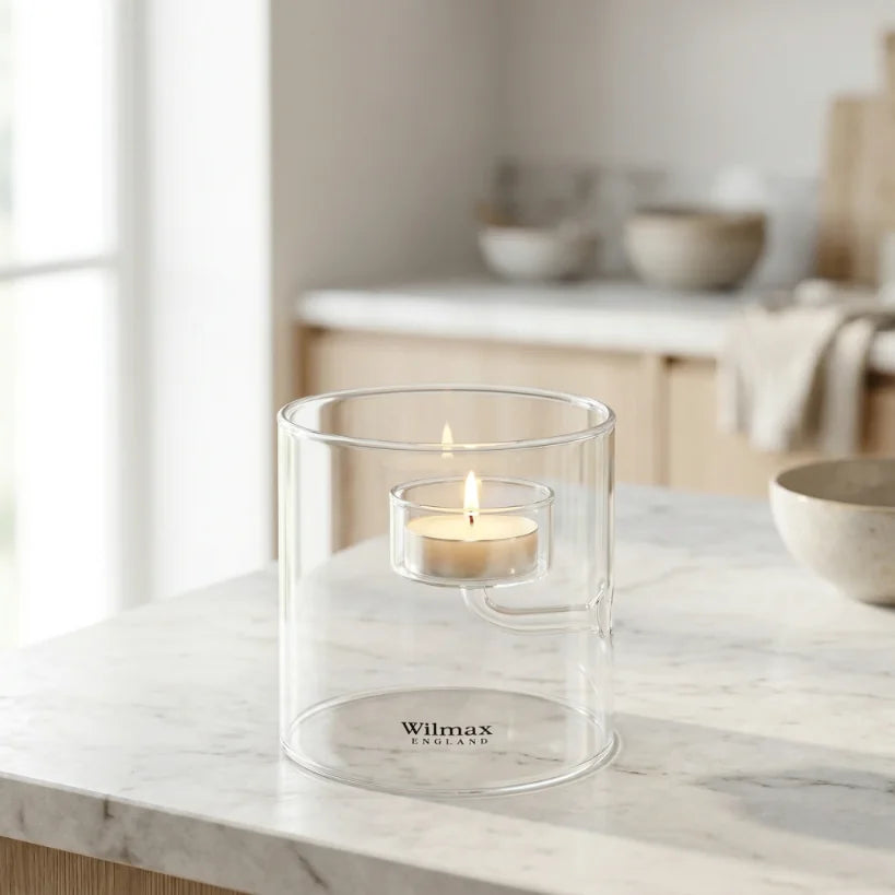 Wilmax Teelichthalter für 1 Teelicht 9 cm Transparent Glas – Anwendungs- oder Detailansicht; Lieferumfang: 1 Stück