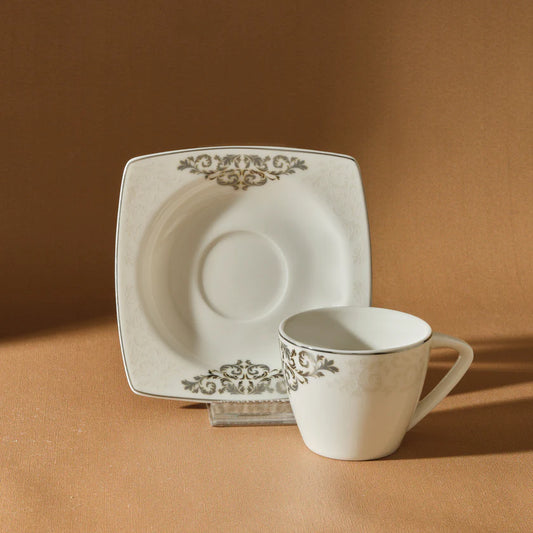Karaca Nazende Espressotasse mit Untertasse Porzellan Silber-Gold Dekor Nahaufnahme