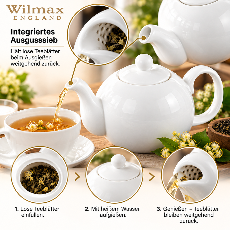 Wilmax Kaffee- und Teekanne mit Ausgusssieb 1100 ml Weiß Porzellan – Anwendungs- oder Detailansicht; Lieferumfang: 1 Stück