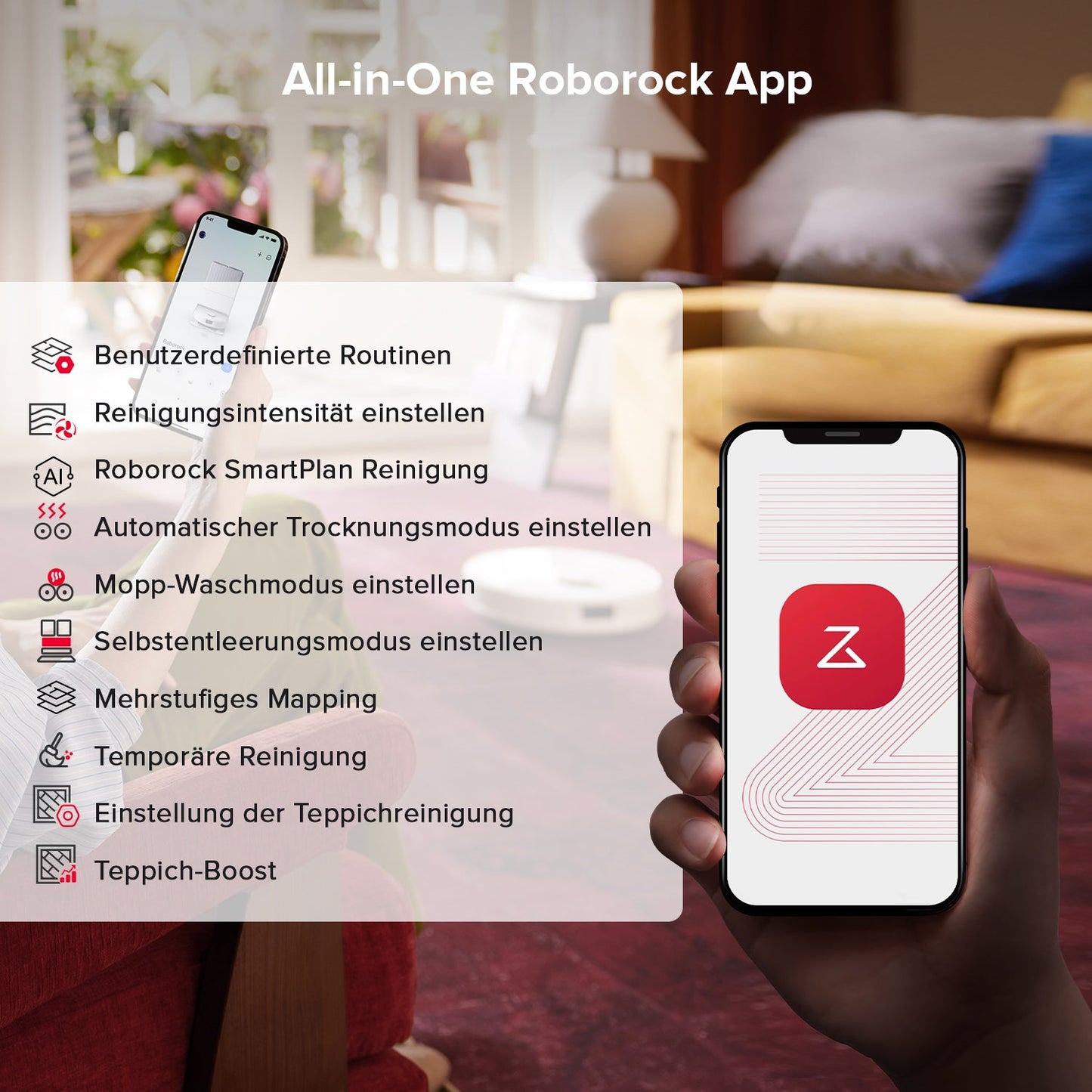 Steuerung des Roborock Qrevo S5V über die Roborock App am Smartphone