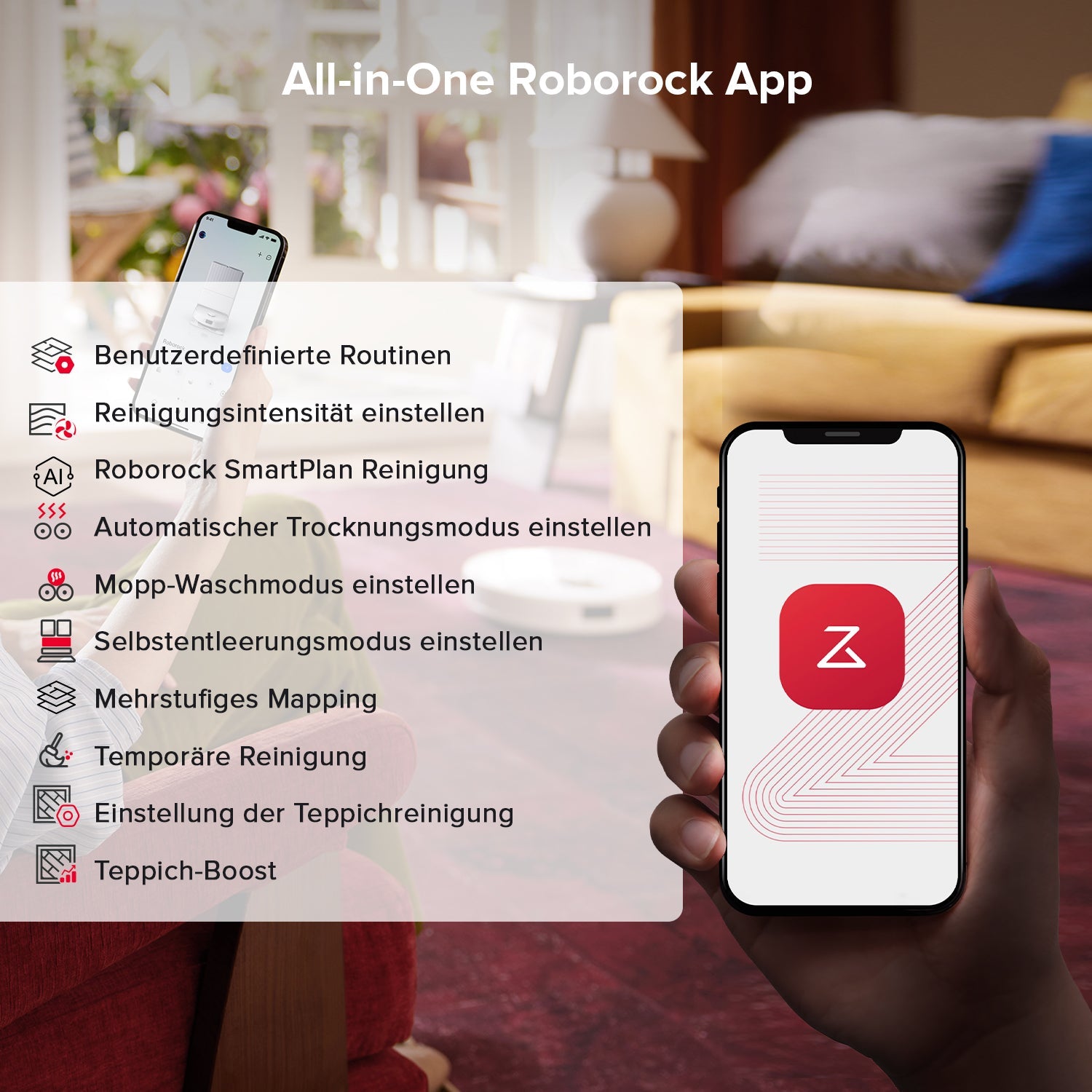 Steuerung des Roborock Qrevo S5V über die Roborock App am Smartphone