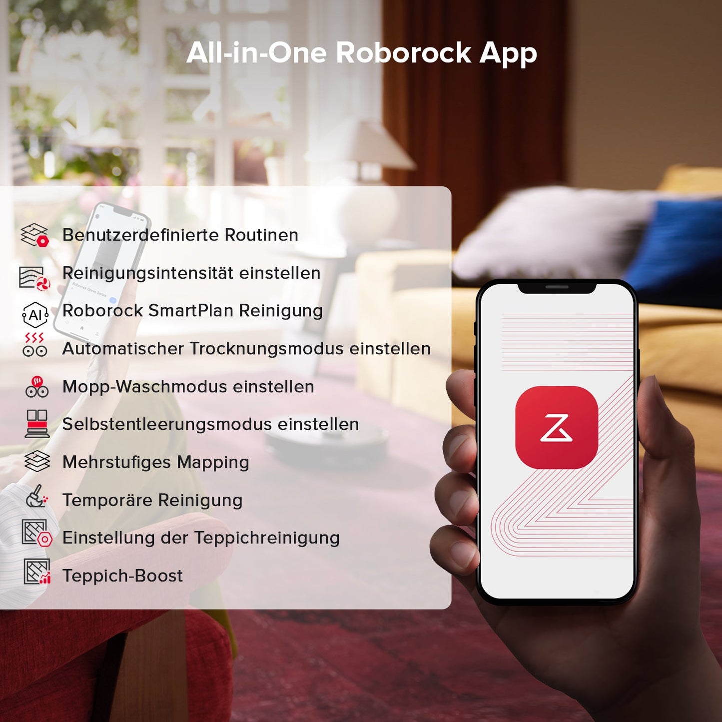 Funktionsübersicht der Roborock App für den Qrevo S5V am Smartphone